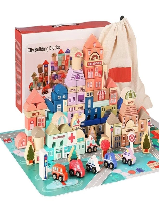 DIMAZO 115 Pcs Wooden Building Blocks Toy Set for Kids, City Construction Stacker Stacking Preschool Learning Educational Toys Gifts for 3+ Boy Girl Toddler (115 Pieces Wooden City Blocks) - Image 1